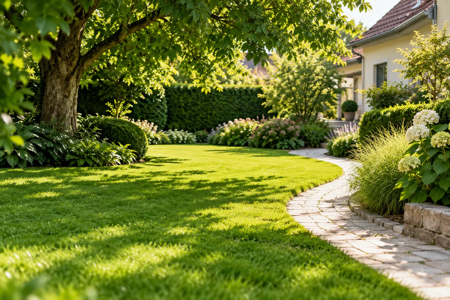 Sonniger Garten mit gepflegtem Rasen und Natursteinweg – KI-generiertes Symbolbild